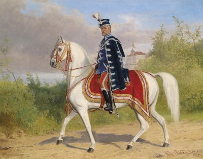 Noble húngaro (miembro de la cámara alta) a caballo, con el castillo Acsa al fondo de Wilhelm Richter